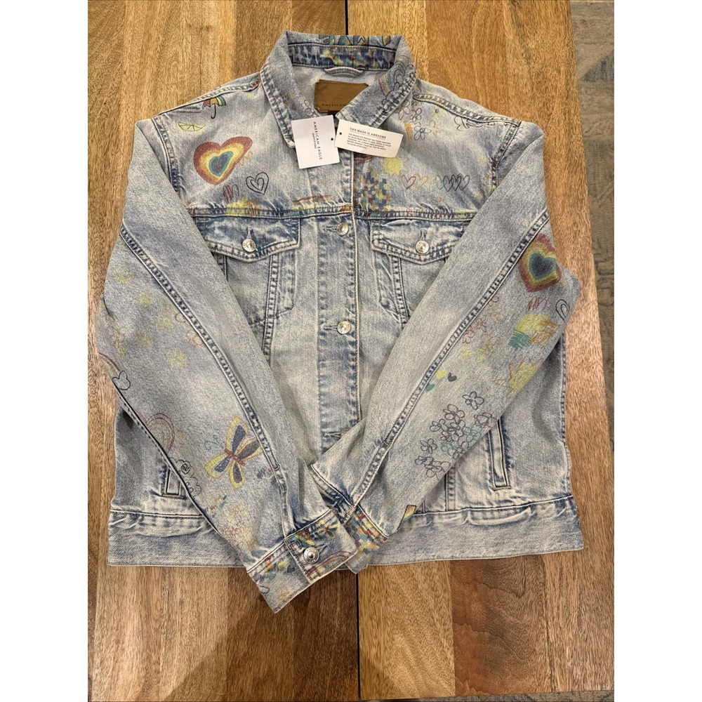American Eagle Pride Denim Jacket Rainbow Heart Love Graffiti Graphics Y2K New